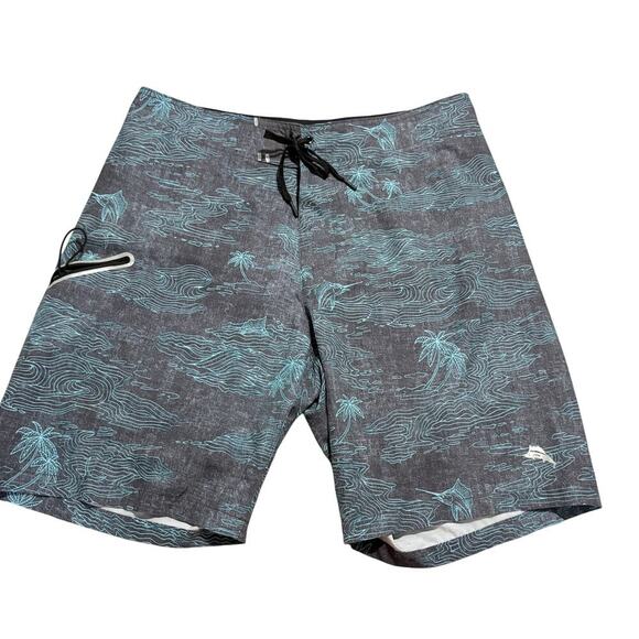 Tommy Bahama Island Active Board Shorts Size 35 Gray Blue Palm Marlin Surf Swim - Picture 1 of 12